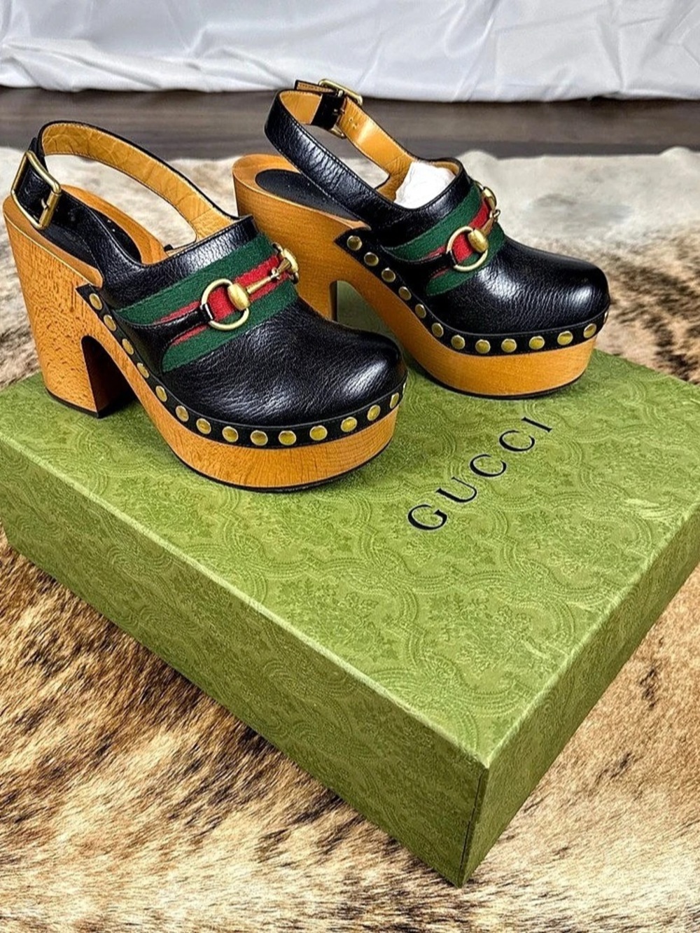 Gucci Quentin Women's Horsebit Platform Clog with Web Black & Green US 6.5
